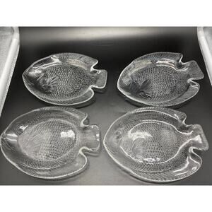 Vtg Arcoroc France Fish Shaped Embossed Glass‎ Salad Plates 1970s Tempered Glass